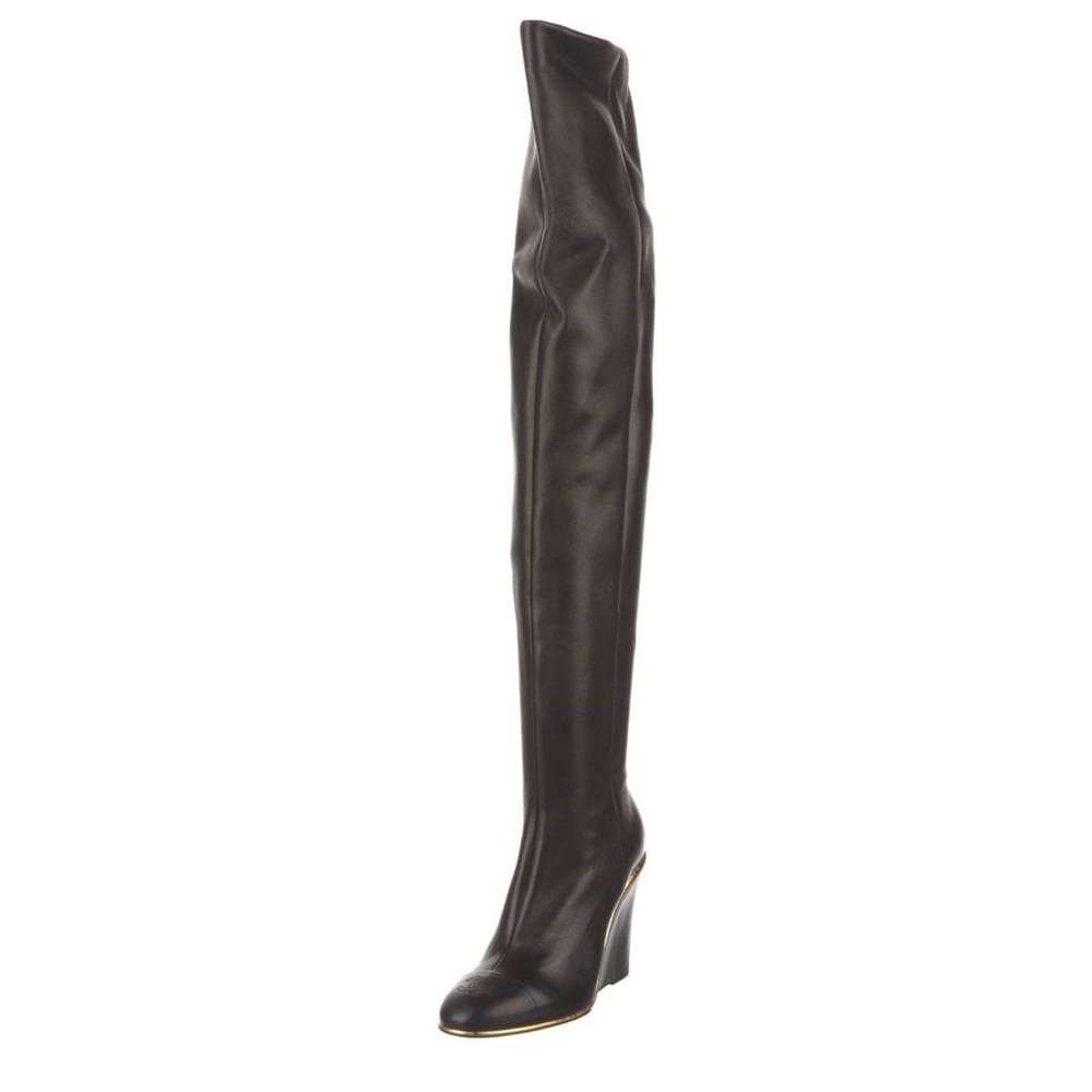 Chanel CC Cap Toe Over The Knee Wedge Boots EU 37